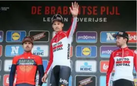  ?? FOTO EPA-EFE ?? Het podium met Colbrelli, winnaar Wellens en Benoot.