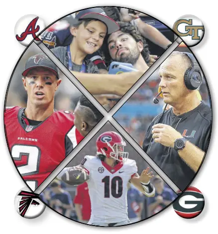  ?? AP, GETTY IMAGES ?? Braves rookie Dansby Swanson mugs with 9-year-old Caleb Zurawick (top), Miami coach Mark Richt returns to Bobby Dodd, Jacob Eason powers Dogs, Matt Ryan leads Falcons.