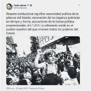  ??  ?? Tuit de Iglesias donde alude a la neutralida­d del Rey.