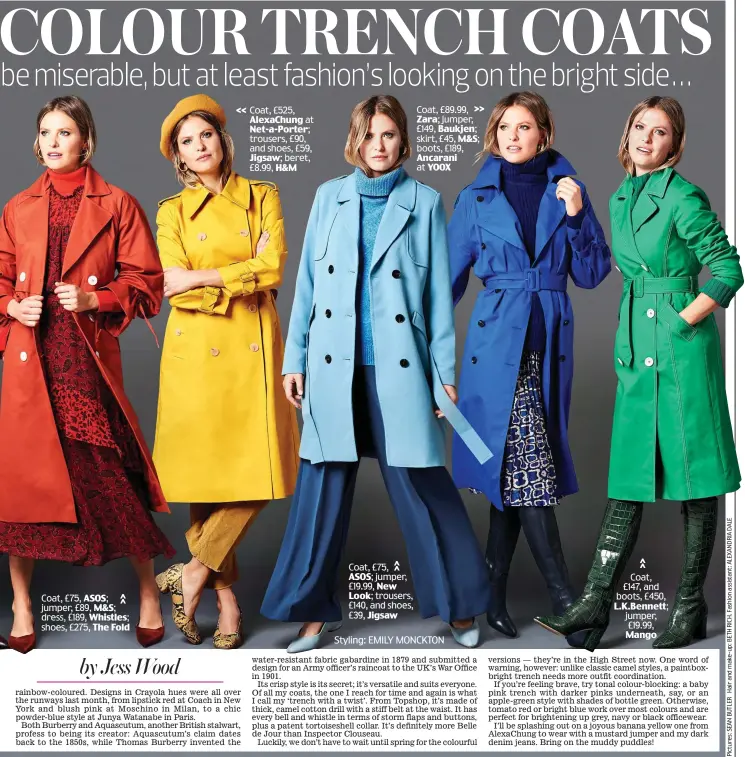 ??  ?? Coat, £75, ASOS; jumper, £89, M&S; dress, £189, Whistles; shoes, £275, The Fold >> Coat, £525, AlexaChung at Net-a-Porter; trousers, £90, and shoes, £59,
Jigsaw; beret, £8.99, H&M Coat, £75,
ASOS; jumper, £19.99, New
Look; trousers, £140, and shoes, £39, Jigsaw Coat, £89.99, >> Zara; jumper, £149, Baukjen; skirt, £45, M&S; boots, £189, Ancarani at YOOX Styling: EMILY MONCKTON Coat, £147, and boots, £450, L.K.Bennett; jumper, £19.99, Mango