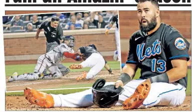  ?? ?? OUT BY A MILE! Luis Guillorme sits on the ground after being tagged out by William Contreras (inset) while trying to score on Brandon Nimmo’s single during the second inning. N.Y. Post: Charles Wenzelberg (2)
