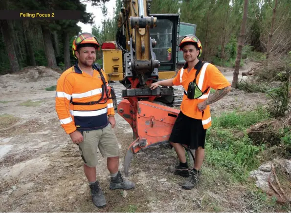  ??  ?? Above: Nick Tombleson (left), who runs Tombleson Logging, and crew foreman Cam Keates with one of the two Cat 315F machines working in thinnings in Kaingarao Forest using Europeanma­de fixed felling heads
