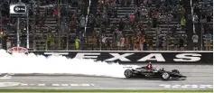  ?? Randy Holt/Associated Press file photo ?? ■ Josef Newgarden celebrates winning the IndyCar auto race on June 8 at Texas Motor Speedway in Fort Worth, Texas. IndyCar has gotten the green flag to finally start its season in Texas. The race will be run June 6 without spectators at Texas Motor Speedway.