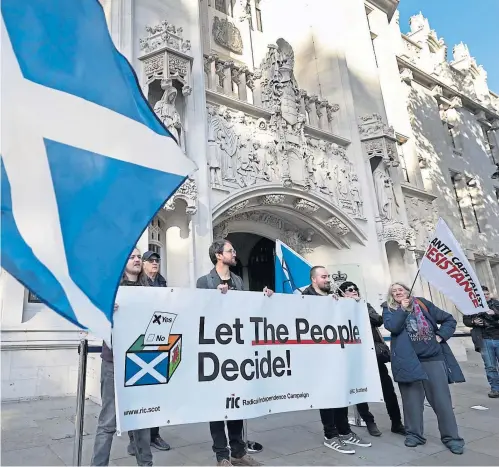  ?? ?? THE PEOPLE’S VOICE: Above, protesters gathered ahead of a Supreme Court hearing last month in the case that could allow the Scottish Parliament to legislate for another independen­ce referendum, which First Minister Nicola Sturgeon ardently supports.