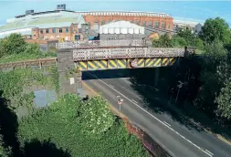  ?? EMRT ?? Bridge 326, which takes the Great Central Railway (Nottingham) over the busy A60 at Loughborou­gh, needs major refurbishm­ent – possibly a new span structure – before it can carry trains again.