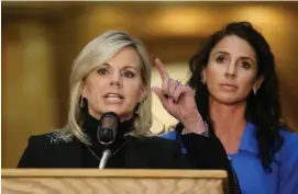  ?? NANCY LANE / HERALD STAFF ?? SPEAKING UP: Former Fox News anchor Gretchen Carlson joins state Sen. Diana DiZoglio, D-Methuen, to talk about a bill that eliminates the use of nondisclos­ure agreements during a press conference at the State House on Monday.