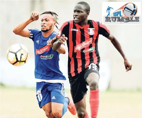  ??  ?? Portmore United player Maalique Foster (left) puts Arnett Gardens’ Fabian Reid under pressure during their Red Stripe Premier League encounter at the Spanish Town Prison Oval last year.