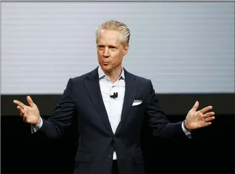  ?? PAUL SANCYA — THE ASSOCIATED PRESS ?? In this Jan. 14 2019 file photo, Scott Keogh, President and CEO, Volkswagen Group of America, Inc., speaks during media previews for the North American Internatio­nal Auto Show in Detroit. Ever since Volkswagen got caught cheating on U.S. emissions tests five years ago, the automaker has been trying to regain the confidence of American consumers. Judging by sales figures, the efforts are starting taking hold. Keogh, VW of America’s CEO since 2018, says the company has worked to rebuild trust with big plans for clean electric vehicles.