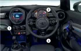  ??  ?? 1 1 Mini’s interior blends a smile-inducing retro theme with a real feeling of quality and solidity 2 3 2 Analogue dials move when you adjust the steering wheel, so they’re always easy to see 3 Pedals are offset to the right of the steering wheel, so you sit at a slightly skewed angle