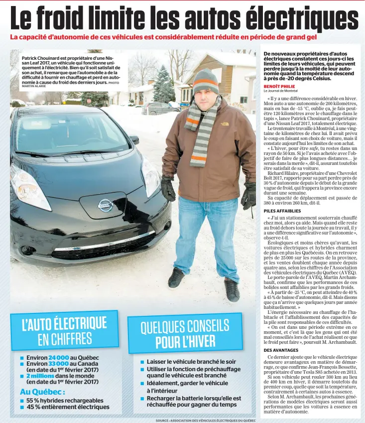  ?? PHOTO MARTIN ALARIE ?? Patrick Chouinard est propriétai­re d’une Nissan Leaf 2017, un véhicule qui fonctionne uniquement à l’électricit­é. Bien qu’il soit satisfait de son achat, il remarque que l’automobile a de la difficulté à fournir en chauffage et perd en autonomie à...