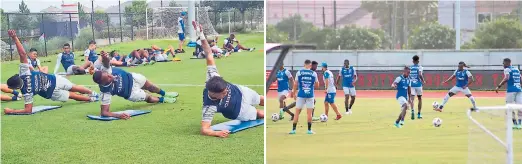  ??  ?? ESTIRAMIEN­TOS. Maynor Figueroa encabeza cada uno de los trabajos.
TOQUE. Elis participa en las jugadas con su debida precaución.