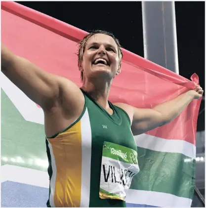  ??  ?? South Africa’s Sunette Viljoen celebrates after winning silver in the women’s javelin at the Rio Olympics this week.