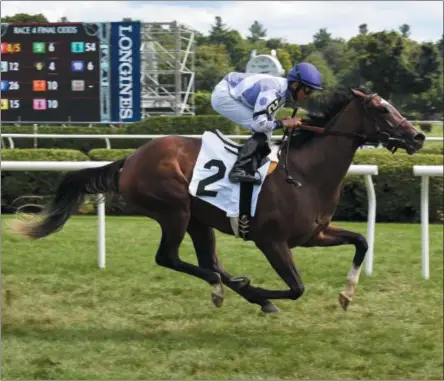  ?? PHOTO NYRA ?? Concrete Rose with jockey Jose Lezcano up captures her opening maiden special weight Aug. 20, 2018 at Saratoga Race Course. The filly has won her last two starts, the G3 Florida Oaks at Tampa Bay Downs and the G3 Edgewood Stakes at Churchill Downs.