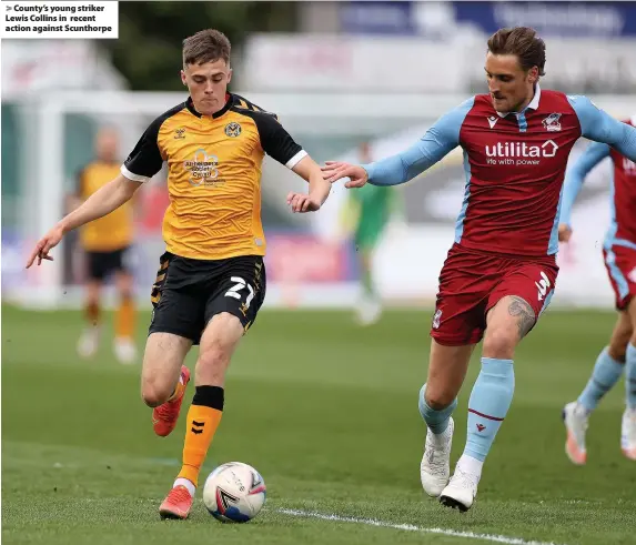  ??  ?? > County’s young striker Lewis Collins in recent action against Scunthorpe