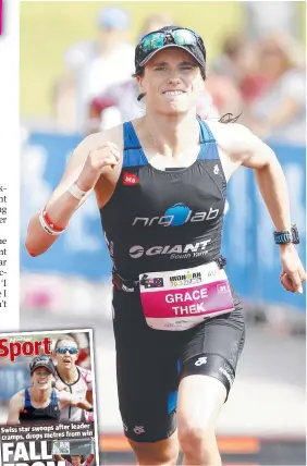  ?? Pictures: YURI KOUZMIN ?? Grace Thek storms to the finish line in 2018 before falling twice and finishing second; and (inset) the Addy back page following the race.