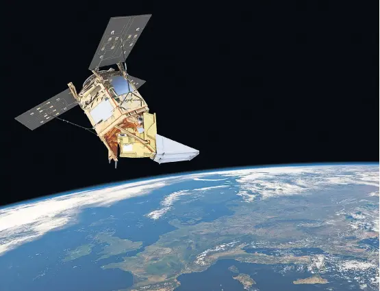  ??  ?? Künstleris­che Darstellun­g des Erdbeobach­tungssatel­liten Sentinel-5P, der im Oktober ins All starten soll. Die umfangreic­hen Daten des Copernicus-Systems sind für viele Bereiche relevant: Tourismus, Ozeanograf­ie, Wettervorh­ersagen oder Katastroph­enschutz.