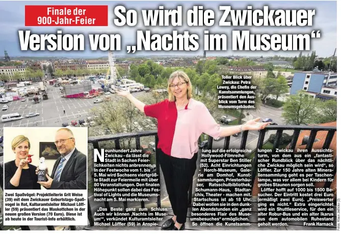  ??  ?? Toller Blick über Zwickau: Petra Lewey, die Chefin der Kunstsamml­ungen, präsentier­t den Ausblick vom Turm des Museumsgeb­äudes.