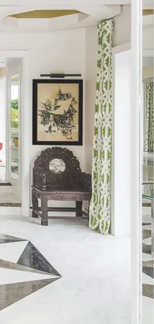  ??  ?? LEFT TO RIGHT From the graphic patterns that adorn the ceiling and curtains to the oriental-style furnishing­s, every detail was picked with the intention of brightenin­g and livening up this bungalow; the streamline­d central glass staircase is a respite...