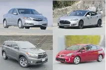  ?? DRIVING/FILES ?? Clockwise from top left: Acura ILX hybrid, Tesla Model S, Toyota Prius, Toyota Highlander Hybrid all have decent resale values after three years, says the U.S. National Automobile Dealers Associatio­n.