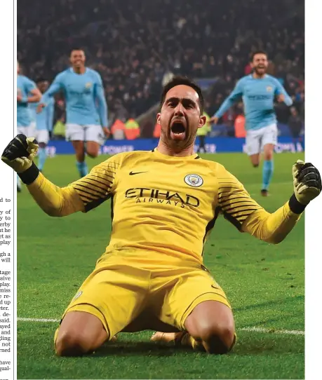  ??  ?? BRAVO CLAUDIO: Manchester City’s penalty shoot-out hero Claudio Bravo celebrates after sending his team into the semi-finals of the League Cup by denying Riyad Mahrez from the spot at the King Power Stadium.