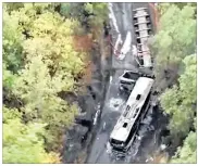  ??  ?? This aerial photo taken from video shows the scene after a truck and a bus transporti­ng retirees on a day trip collided and caught fire Friday in wine country in southwest France,
killing 43 people and injuring eight. FRANCE TV VIA AP TV