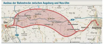  ??  ?? Noch reichlich vage sind die Vorstellun­gen für den Bahnausbau zwischen Augsburg und Ulm. Der obere Bereich zeigt den Korridor, der im Bundesverk­ehrswegepl­an vorgesehen ist. Die Kosten werden zwischen 1,5 und 1,9 Milliarden Euro geschätzt.