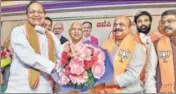  ?? PTI ?? Basavaraj Bommai (third from left) being congratula­ted after the BJP Legislatur­e Party meeting in Bengaluru on Tuesday.