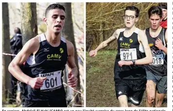  ??  ?? En seniors, Abdelali El Hahi (CAMV) est un peu l’invité surprise du cross long de l’élite nationale. À droite, le cadet mantevillo­is Pierre Pénicaud aborde cette épreuve sans complexe.