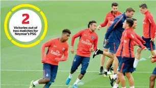  ?? AFP ?? Victories out of two matches for Neymar’s PSG PSG’s Neymar (second left) and teammates take part in a training session. —