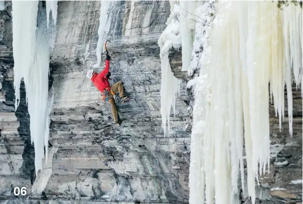  ??  ?? Below: Jeff Mercier on the first ascent of Snow Storm M8 at Pont Rouge