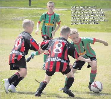  ??  ?? Ball control: Lisnaskea Rovers Nathan Beattie and Joshua Johnston close down Glentoran’s Rhys Walsh while (below) the Lisnaskea players celebrate their equaliser before going down to the Glens