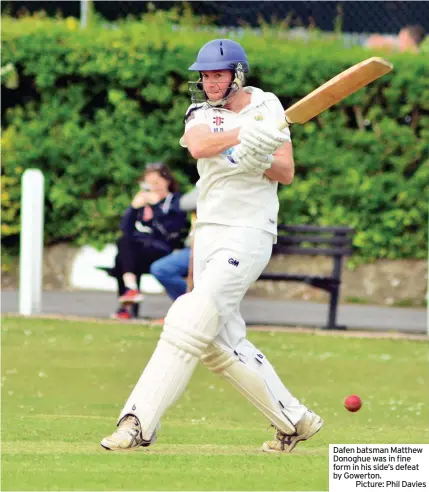  ??  ?? Dafen batsman Matthew Donoghue was in fine form in his side’s defeat by Gowerton.
Picture: Phil Davies