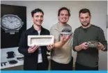  ?? ?? GENEVA: A photo taken on December 4, 2023 in Geneva shows ID Geneve watch brand founders (left to right) Singal Depery, Nicolas Freudiger and Cedric Mulhauser posing in their workshop. — AFP