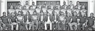  ??  ?? The Sri Lanka Rugby Squad with Harin Fernando (7th from left) Minister of Sports, Harsha Samaranaya­ke (6th from left), Senior General Manager – Brand and Media, Dialog Axiata PLC, Nazeem Mohamed (4th from left), Vice-president - SLR and Rizly Iliyaz (8th from left), Deputy President – SLR, during a pre-departure dinner organised by SLR