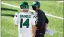  ?? Corey Sipkin / Associated Press ?? New York Jets head coach Adam Gase, right, talks to quarterbac­k Sam Darnold during the second half on Sunday.