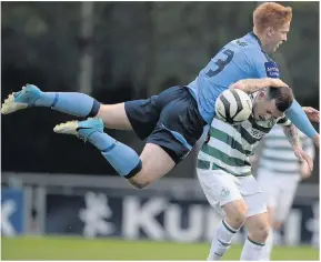  ??  ?? UCD’s Hughie Douglas (in flight) endured a horrible evening against Dundalk. Here he is in action against Shamrock Rovers.