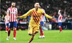  ??  ?? Lionel Messi celebrates his winning goal. Photograph: Sonia Canada/Getty Images