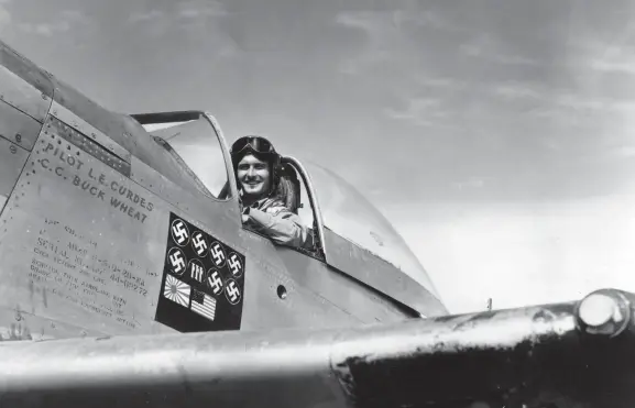  ?? (Photo courtesy Jack Cook) ?? Curdes is the only American aviator to be decorated for shooting down an American plane. He has four, not three, nations represente­d on the side of his Mustang. To top it off, he married one of the passengers on the C-47 he splashed.