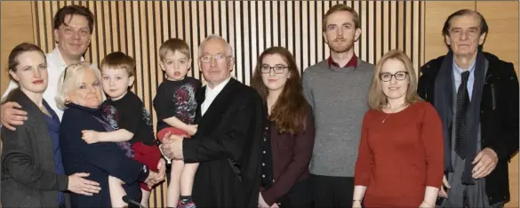  ??  ?? Judge Gerard Haughton with family members. From left: Orla Morley, Matthew Morley, Elsie Haughton, Lochlan Morley, Cierán Morley, Judge Haughton, Emma Finnerty, Conor Haughton, Dawn Finnerty and Abe Jacob.