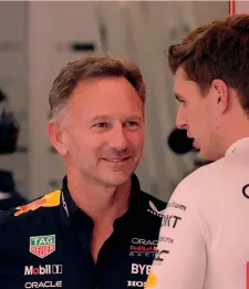  ?? ?? Nei box
Christian Horner (a sinistra) con Max Verstappen