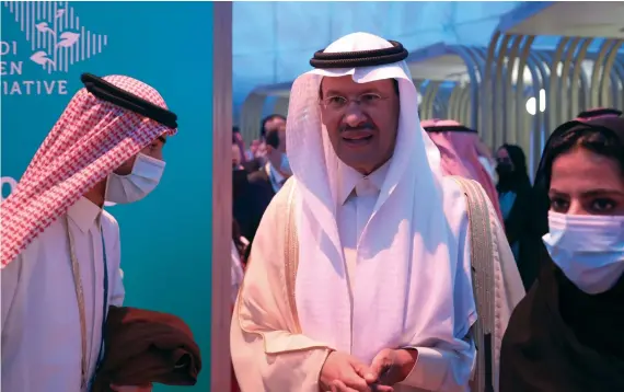  ?? AFP ?? Saudi Energy Minister Abdulaziz bin Salman arrives for the opening ceremony of the Saudi Green Initiative forum on Saturday in Riyadh, where the Kingdom has made bold climate pledges.