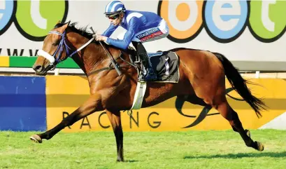  ?? Picture: JC Photograph­ics ?? POWER PERFORMANC­E. Soqrat proves he has lost none of his zip as he coasts to victory in a Pinnacle Stakes over 1600m on the Inside track at Turffontei­n on Saturday.