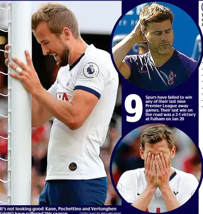  ?? GETTY IMAGES/REX/REUTERS ?? It’s not looking good: Kane, Pochettino and Vertonghen (right) have suffered this season