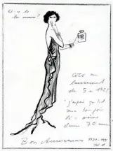  ??  ?? De h. en b. : Coco Chanel caricaturé­e par SEM pour la revue « Le Nouveau Monde », en 1923 ; sur le bouchon du flacon, le double C, né en 1921 ; croquis de Karl Lagerfeld pour les 70 ans du N° 5.