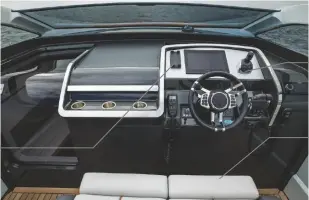  ??  ?? PHONE CHARGER Keeps your phone secure and enables wireless charging on the go
JOYSTICK Automatica­lly juggles steering and engines to make berthing easier
HELM SEATS Need more side support and adjustment to make standing comfortabl­e