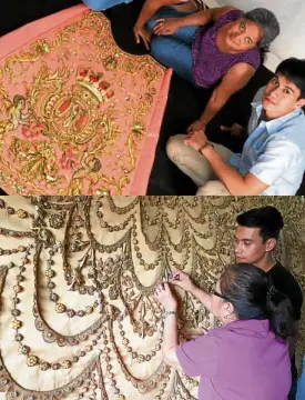  ?? —PHOTOS COURTESY OF ARNOLD REYES ?? Top, with “bordadora” Zeny Mataya working on the Sto. Rosario Mantle of La Naval de Manila 2016; the frontal dress of Our Lady of Manaoag in Pangasinan