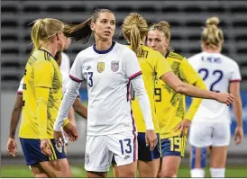  ?? JANERIK HENRIKSSON / TT VIA AP ?? USA’s Alex Morgan looks on after the women’s internatio­nal friendly soccer match between Sweden and USA at Friends Arena in Stockholm, Sweden, Saturday.