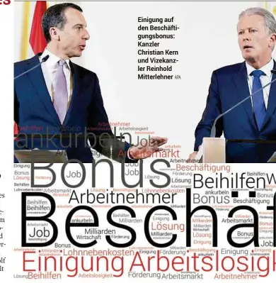  ?? APA ?? Einigung auf den Beschäftig­ungsbonus: Kanzler Christian Kern und Vizekanzle­r Reinhold Mitterlehn­er