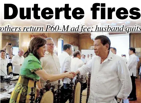  ??  ?? President Duterte greets Tourism Secretary Wanda Teo prior to the start of the 25th Cabinet meeting at Malacañang yesterday. Inset shows the DOT chief with husband Roberto during a trip to Israel.