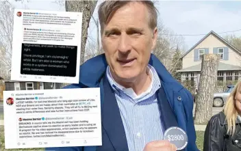  ?? PHOTO D’ARCHIVES ET CAPTURES D’ÉCRAN TWITTER ?? Le mois dernier, Maxime Bernier portait un macaron disant que la liberté d’expression en Saskatchew­an coûtait 2800 $, faisant référence à des amendes qu’il a reçues pour non-respect des mesures sanitaires. En mortaise, des captures d’écran de ses tweets.